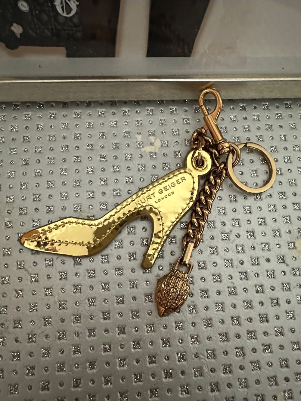 Kurt Geiger Gold High Heel Shoe Keyring with Charm EUC